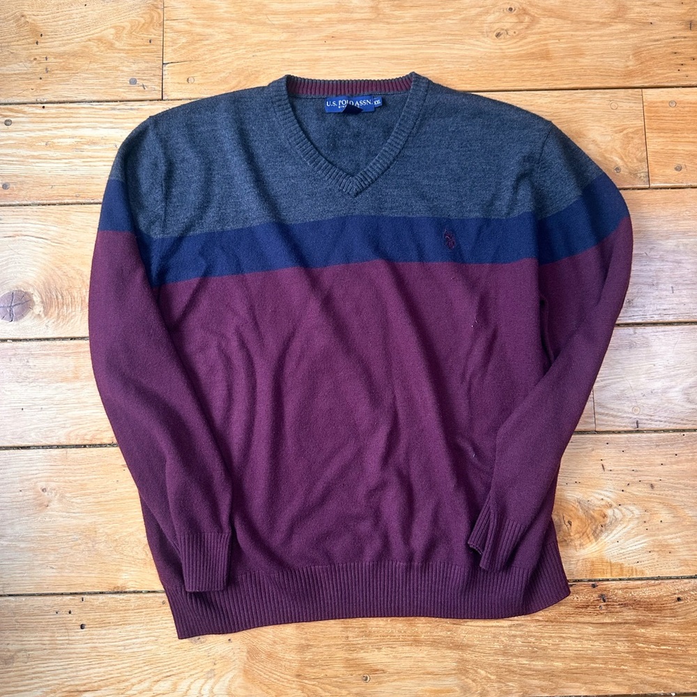 U.S. Polo Assn Colorblock V Neck Sweater Burgundy XXL